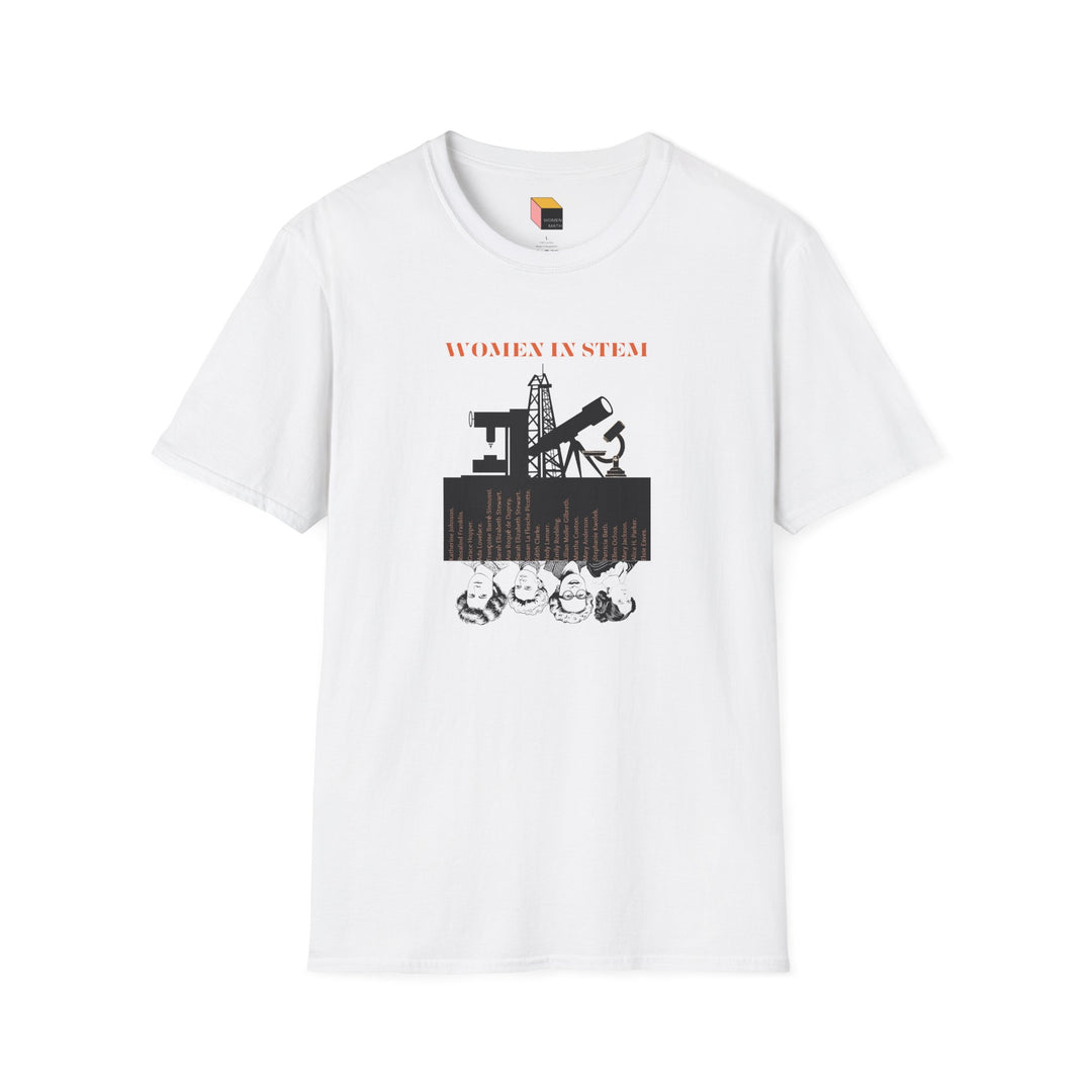 STEM Historical Women Softstyle T-Shirt with Portraits & Tools Design