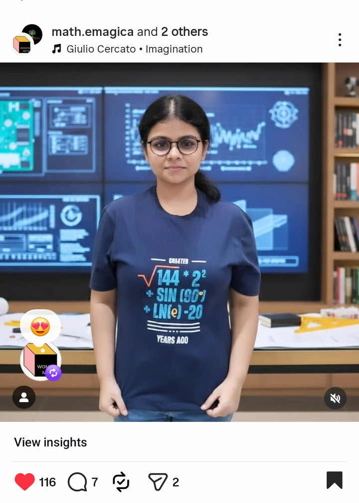 Person wearing a blue t-shirt with mathematical equations in a room with computer monitors and books.